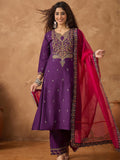 Zari Embroidered A line kurta With Trouser & contrast Dupatta