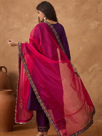 Zari Embroidered A line kurta With Trouser & contrast Dupatta