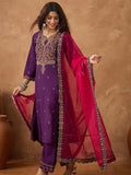 Zari Embroidered A line kurta With Trouser & contrast Dupatta