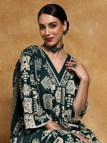 Varanga Women-Thread Embroidered Ethnic Printed Flared Kurta With Trouser & Dupatta