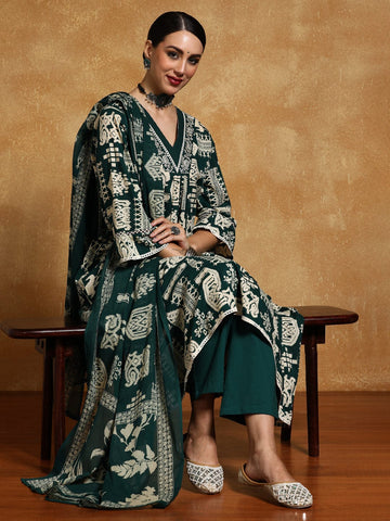 Varanga Women-Thread Embroidered Ethnic Printed Flared Kurta With Trouser & Dupatta