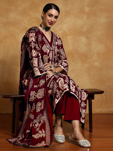 Varanga Women-Thread Embroidered Ethnic Printed Flared Kurta With Trouser & Dupatta
