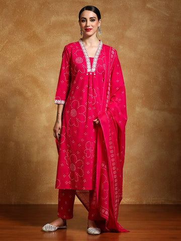 Varanga Women-Thread Embroidered Bandhani Printed Flared Kurta With Trouser & Dupatta