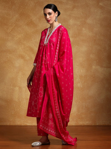 Varanga Women-Thread Embroidered Bandhani Printed Flared Kurta With Trouser & Dupatta