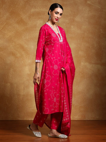 Varanga Women-Thread Embroidered Bandhani Printed Flared Kurta With Trouser & Dupatta