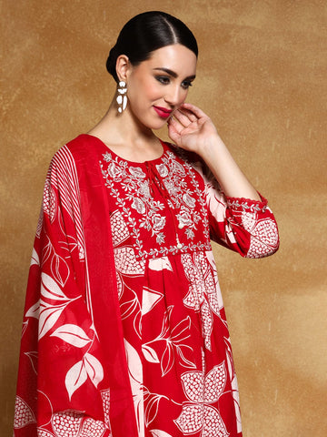 Varanga Women-Thread Embroidered Yoke Bold Floral Printed Kurta With Trouser & Dupatta