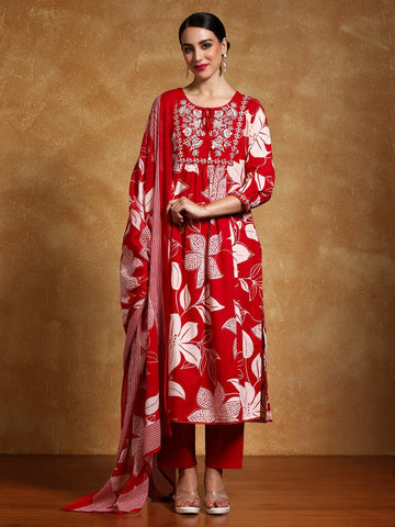 Varanga Women-Thread Embroidered Yoke Bold Floral Printed Kurta With Trouser & Dupatta