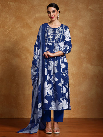 Varanga Women Thread Embroidered Yoke Bold Floral Printed Kurta With Trouser & Dupatta