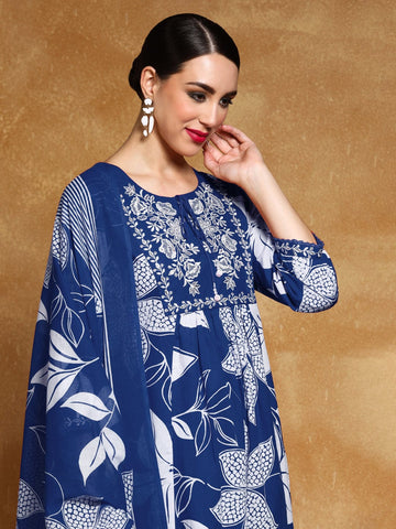 Varanga Women Thread Embroidered Yoke Bold Floral Printed Kurta With Trouser & Dupatta