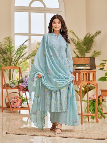 Floral Motif Thread Embroidered Pintuck Yoke Flared Kurta With Trouser & Scallop Dupatta