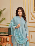 Floral Motif Thread Embroidered Pintuck Yoke Flared Kurta With Trouser & Scallop Dupatta