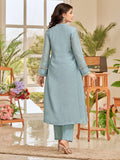 Floral Motif Thread Embroidered Pintuck Yoke Flared Kurta With Trouser & Scallop Dupatta