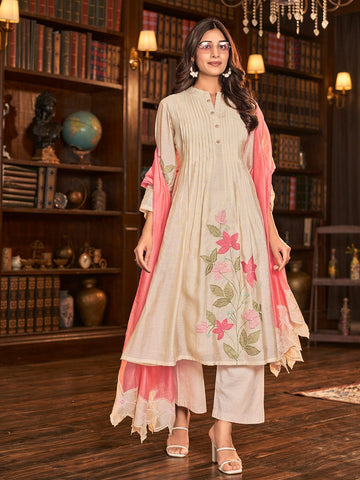 Floral Motif Thread Embroidered Pintuck Yoke Flared Kurta With Trouser & Cutwork Dupatta
