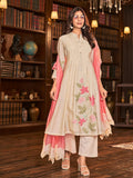 Floral Motif Thread Embroidered Pintuck Yoke Flared Kurta With Trouser & Cutwork Dupatta