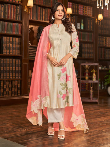 Floral Motif Thread Embroidered Pintuck Yoke Flared Kurta With Trouser & Cutwork Dupatta
