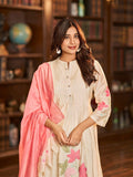 Floral Motif Thread Embroidered Pintuck Yoke Flared Kurta With Trouser & Cutwork Dupatta