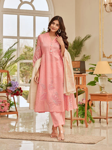 Floral Motif Thread Embroidered Pintuck Yoke Flared Kurta With Trouser & Cutwork Dupatta