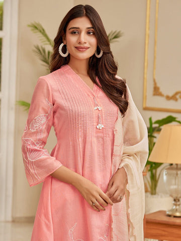 Floral Motif Thread Embroidered Pintuck Yoke Flared Kurta With Trouser & Cutwork Dupatta