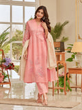 Floral Motif Thread Embroidered Pintuck Yoke Flared Kurta With Trouser & Cutwork Dupatta