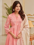 Floral Motif Thread Embroidered Pintuck Yoke Flared Kurta With Trouser & Cutwork Dupatta