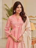 Floral Motif Thread Embroidered Pintuck Yoke Flared Kurta With Trouser & Cutwork Dupatta