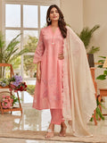 Floral Motif Thread Embroidered Pintuck Yoke Flared Kurta With Trouser & Cutwork Dupatta