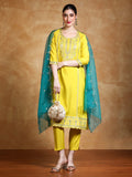 Varanga Women Zari Embroidered Kurta With Trouser & Contrast Dupatta