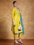 Varanga Women Zari Embroidered Kurta With Trouser & Contrast Dupatta