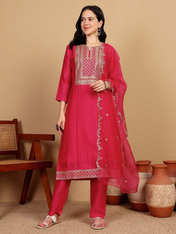 Varanga Women Kurtas With Zari Embroidery On Yoke With Trousers & Sequins Detailed Dupatta