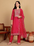 Varanga Women Kurtas With Zari Embroidery On Yoke With Trousers & Sequins Detailed Dupatta