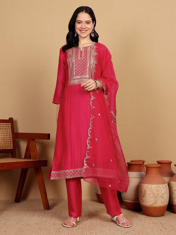 Varanga Women Kurtas With Zari Embroidery On Yoke With Trousers & Sequins Detailed Dupatta