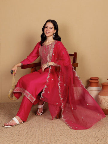 Varanga Women Kurtas With Zari Embroidery On Yoke With Trousers & Sequins Detailed Dupatta