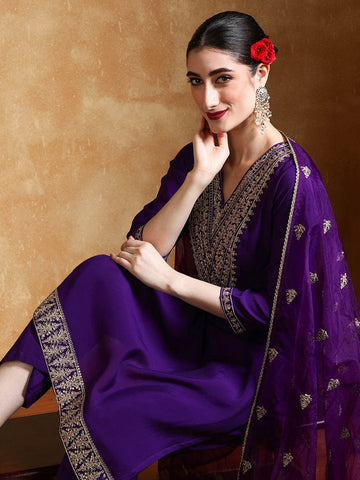 Varanga Women Zari Embroidered Yoke Kurta With Trouser & Sequins Detailed Dupatta