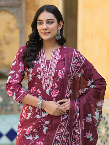 Floral Printed Detailed with Embroidered Placket Kurta with Trouser & Dupatta