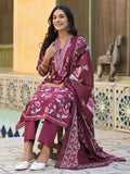 Floral Printed Detailed with Embroidered Placket Kurta with Trouser & Dupatta