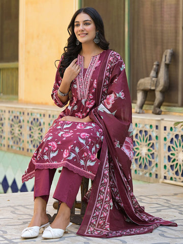 Floral Printed Detailed with Embroidered Placket Kurta with Trouser & Dupatta