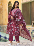 Floral Printed Detailed with Embroidered Placket Kurta with Trouser & Dupatta
