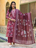 Floral Printed Detailed with Embroidered Placket Kurta with Trouser & Dupatta