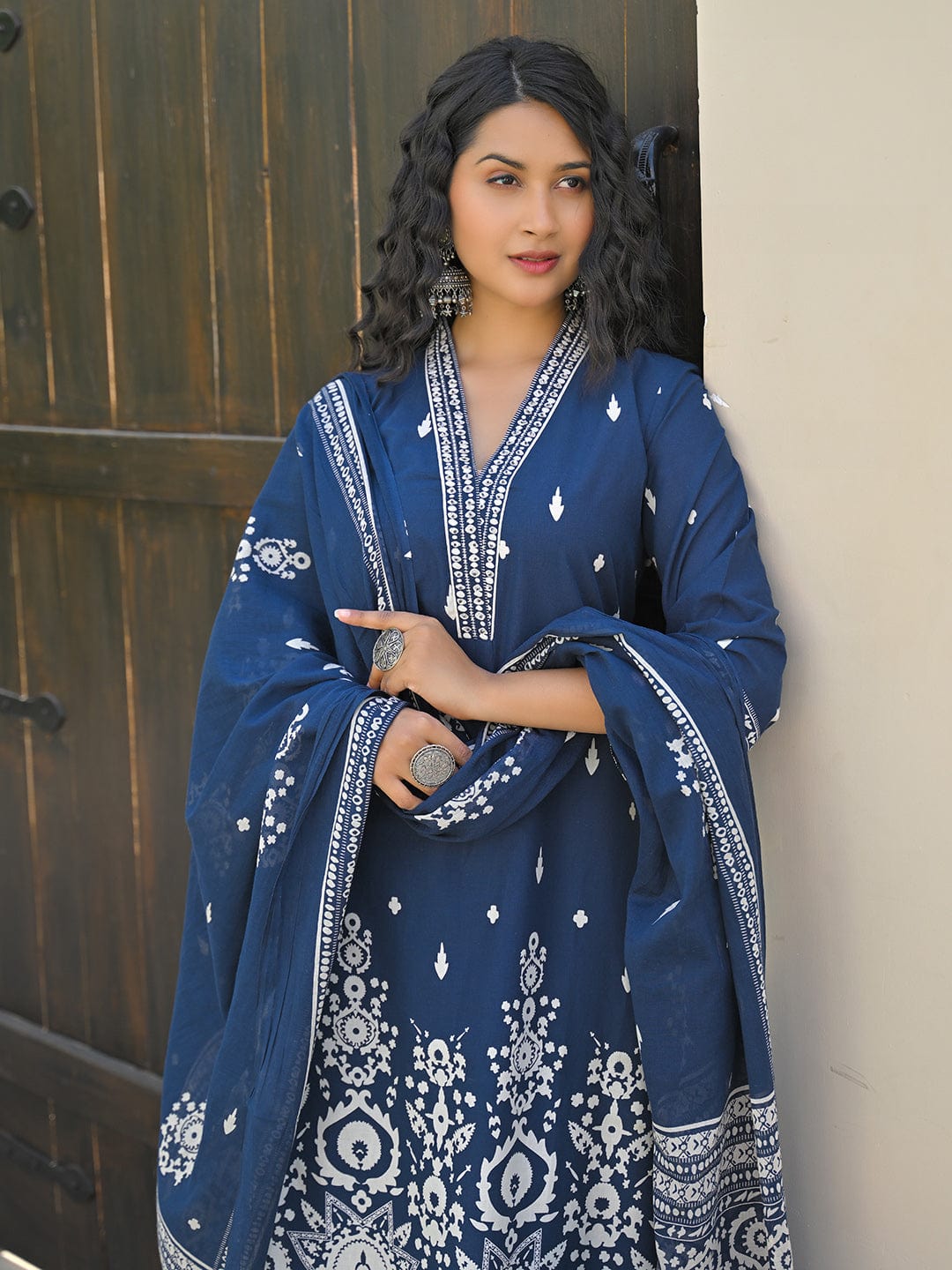 Ethnic Printed V Neck Kurta with Trouser & Dupatta