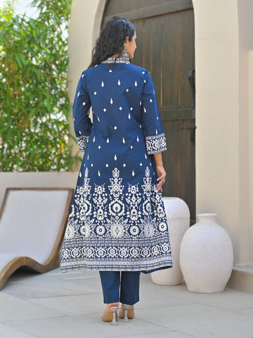 Ethnic Printed V Neck Kurta with Trouser & Dupatta