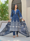 Ethnic Printed V Neck Kurta with Trouser & Dupatta