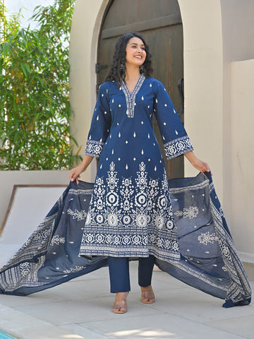 Ethnic Printed V Neck Kurta with Trouser & Dupatta