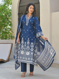 Ethnic Printed V Neck Kurta with Trouser & Dupatta