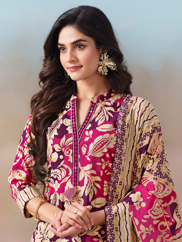 Floral Printed Kurta with Mirror Detailing Paired with Printed Trouser And Dupatta