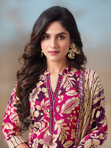 Floral Printed Kurta with Mirror Detailing Paired with Printed Trouser And Dupatta