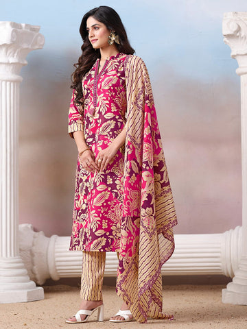 Floral Printed Kurta with Mirror Detailing Paired with Printed Trouser And Dupatta