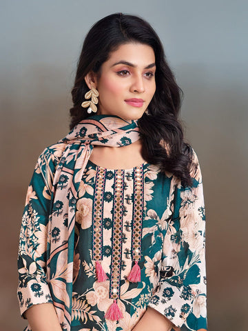 Floral Printed Kurta with Mirror Detailing Paired with Printed Trouser And Dupatta