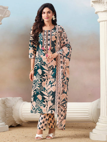 Floral Printed Kurta with Mirror Detailing Paired with Printed Trouser And Dupatta
