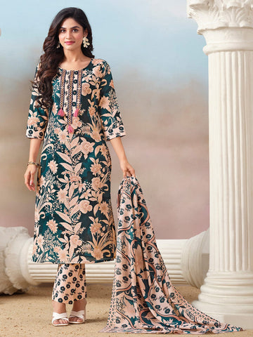 Floral Printed Kurta with Mirror Detailing Paired with Printed Trouser And Dupatta