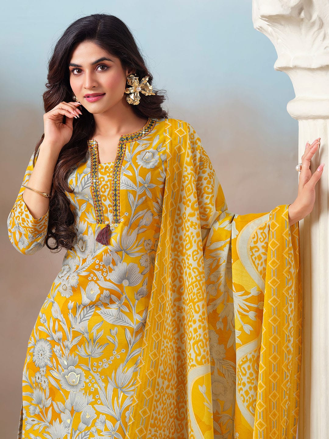 Floral Printed Kurta with Mirror Detailing Paired with Printed Trouser And Dupatta